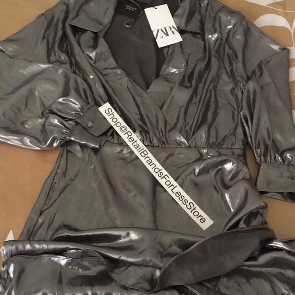 ZARA SILVER LAPEL SURPLICE WRAP EFFECT V NECK LAMINATED METALLIC DRESS $119 - Picture 13 of 13